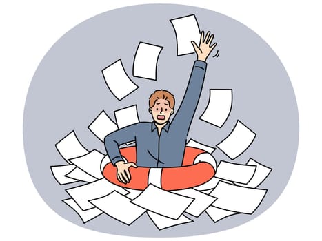 Business man with lifeline is drowning in paperwork, suffering from burnout-causing bureaucracy. Corporate manager guy needs help with digitalization and getting rid of bureaucracy.