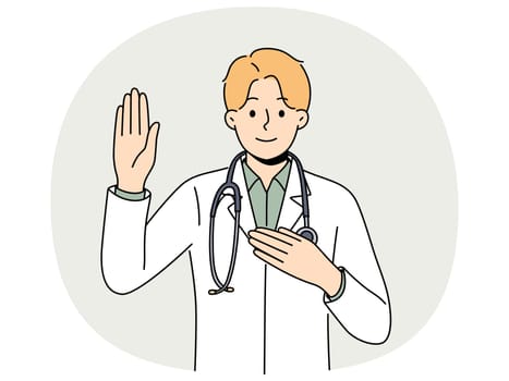 Doctor pronounces hippocratic oath and puts hand on heart, promising to follow medical rules. Doctor in white coat with stethoscope around neck takes oath and dreams of becoming good healer
