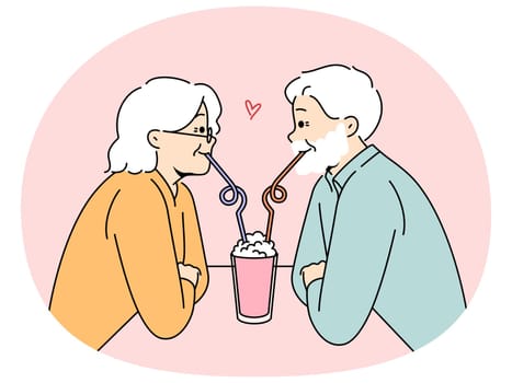 Romantic elderly couple on date, drink one cocktail and experience celebrating wedding anniversary. Date old people in love celebrating Valentine day in cafe demonstrating loyalty in marriage