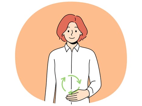 Woman with symbol of digestion near stomach, smiling and looking at screen, recommending to take care of gastrointestinal tract. Concept of caring for digestion and intestinal microbiota
