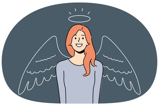 Woman with halo and angel wings smiles, calling to be kind and merciful towards others. Girl angel wants to become volunteer charitable organization that helps those in need in solving social problems