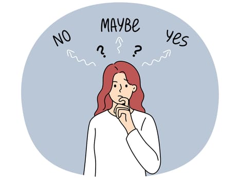Thinking woman makes difficult solution and reflects on problem that has arisen, standing near words yes and no. Embarrassed girl is stressed because of need to make choice and find solution