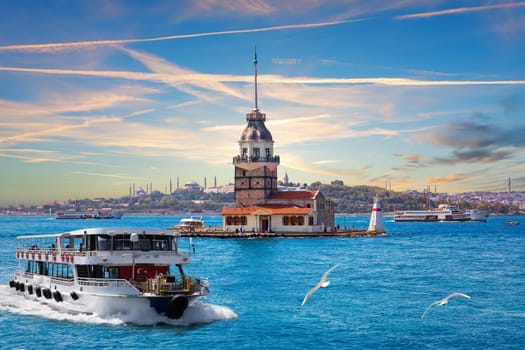 The cruise boat on the Bosphorus near the Maiden's Tower, Istanbul, Turkey.