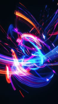 Colorful light trails swirl and intertwine in a mesmerizing display, capturing energy and movement. The vibrant colors contrast against a dark background, evoking a sense of excitement.