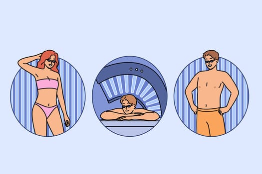 People sunbathe in solarium, standing or lying among glowing blue lamps that allow them to give bodies light tan. Visitors to solarium in SPA or fitness center enjoy healing procedure