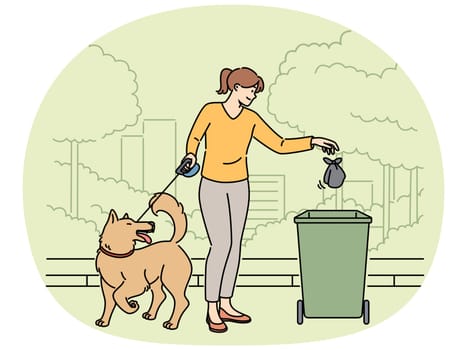 Woman walking dog throws bag of puppy poop into trash can, taking care of cleanliness of park. Smiling girl cleaning up after dog on street, showing responsibility and love for environment