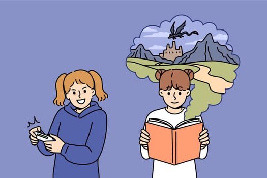 Children hobbies for teen girls, reading book or playing video console in free time. Children hobbies have different effects on psyche and cause development of fantasy or increased aggressiveness