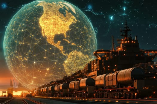 A captivating scene showcasing a cargo ship and trucks aligned, symbolizing global logistics and transport networks, highlighting efficiency in freight movement.