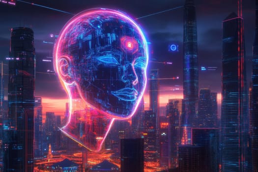 A captivating futuristic user profile interface hovers above a vibrant cityscape, blending technology and artistry. Neon colors illuminate the skyline, enhancing the digital concept.