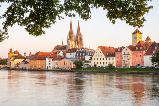 Regensburg in Germany, view to the old town with the Danube river in the foreground