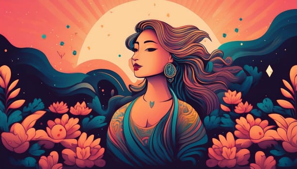 abstract floral background with woman, AI generated image