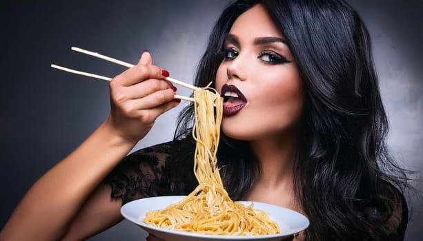 pretty young woman eating noodles, AI generated image