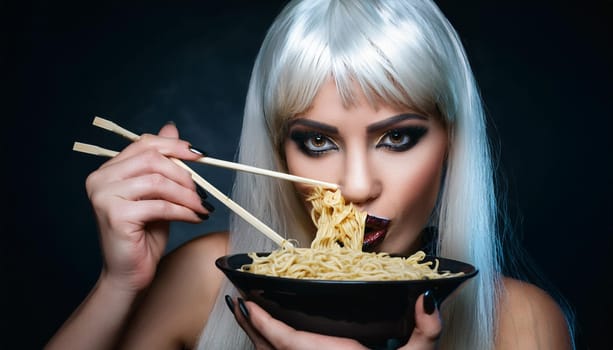 pretty young woman eating noodles, AI generated image