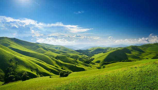 green hills and blue sky scenery, AI generated image