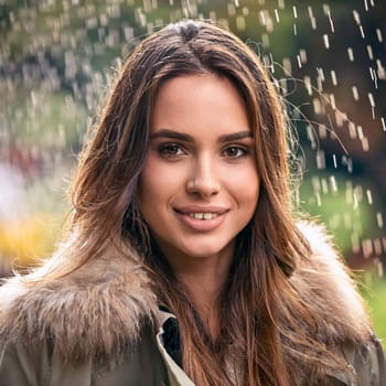 pretty young woman smiling in the rain, AI generated image