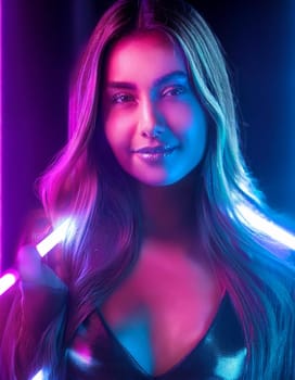 pretty young woman in glimmering neon lights, AI generated image