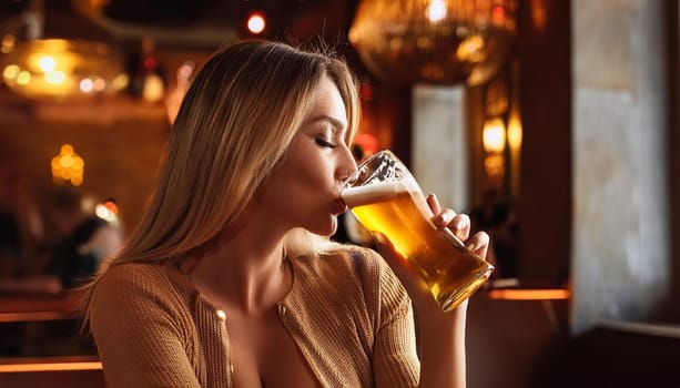 pretty young woman drinking beer in a pub, AI generated image