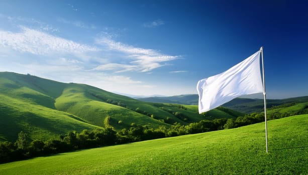 white flag over green hills, AI generated image