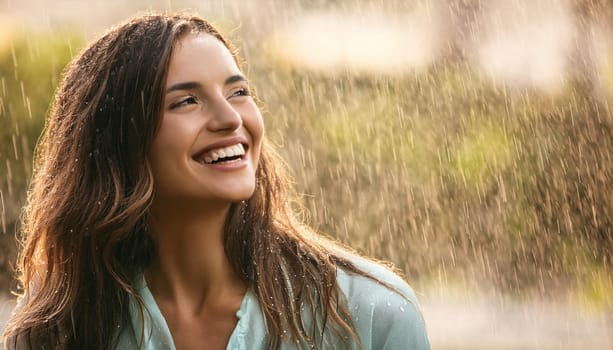 pretty young woman smiling in the rain, AI generated image