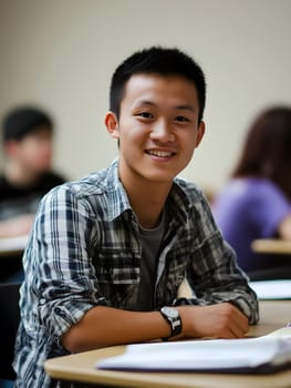 Asian male student learning in school. Boy in the classroom portrait