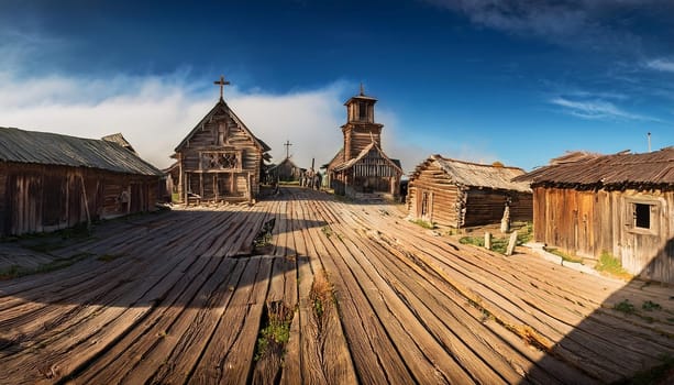 ruins of abandoned wooden ghost town, AI generated image