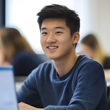 Asian male student learning in school. Boy in the classroom portrait