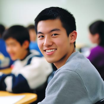 Asian male student learning in school. Boy in the classroom portrait