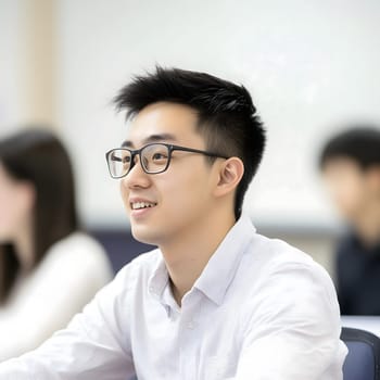 Asian male student learning in school. Boy in the classroom portrait
