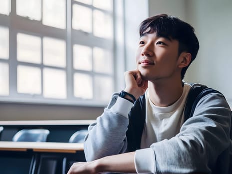 Asian male student learning in school. Boy in the classroom portrait