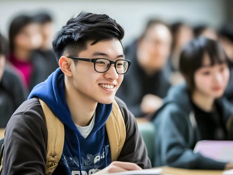 Asian male student learning in school. Boy in the classroom portrait
