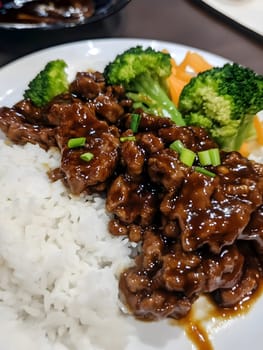 Mongolian Beef Asian gourmet meal with rice and vegetables
