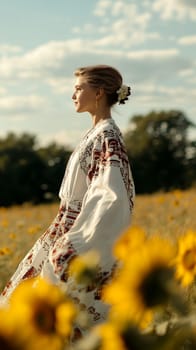 A woman in a floral dress stands gracefully in a field of flowers, embodying elegance and nature's beauty.