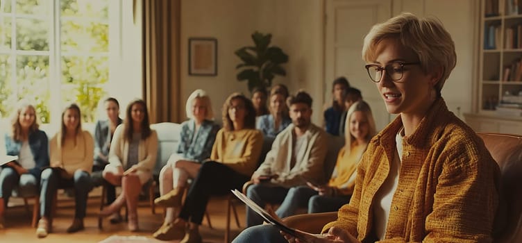 Professional therapist in mustard cardigan leading support group session, warm natural lighting through windows creates welcoming atmosphere.