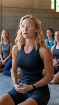 Athletic fitness instructor in black sportswear leading group exercise class, natural lighting through industrial windows creating authentic atmosphere.