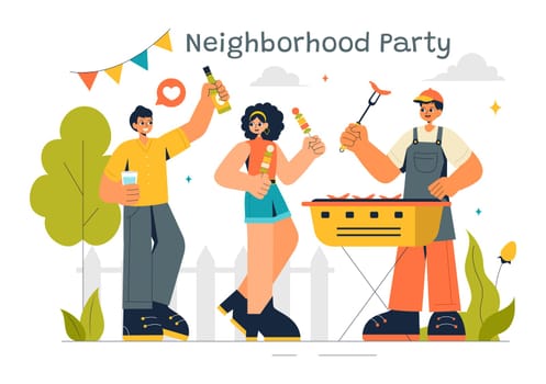 Neighborhood Events Vector Illustration featuring Friends and Family Celebrating Holidays with an Outdoor Party, Local Food Festival, and a BBQ Table