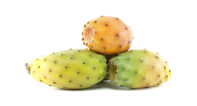 Closeup image of ripe prickly pear fruits isolated on a white background, showcasing their vibrant colors and unique texture