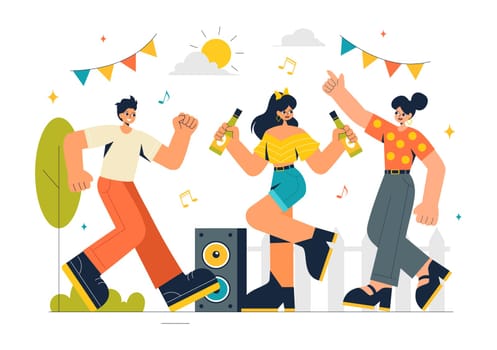 Neighborhood Events Vector Illustration featuring Friends and Family Celebrating Holidays with an Outdoor Party, Local Food Festival, and a BBQ Table