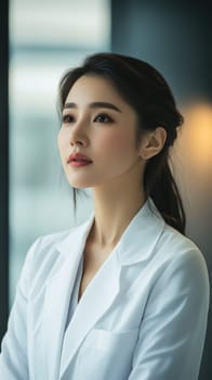 Beautiful young Asian female doctor wearing white lab coat in hospital. Medical professional nurse at work. Healthcare and medicine concept.