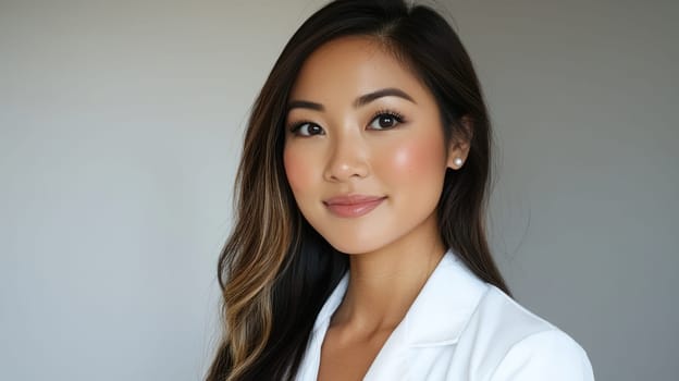 Beautiful young Asian female doctor wearing white lab coat in hospital. Medical professional nurse at work. Healthcare and medicine concept.