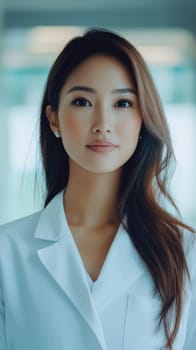 Beautiful young Asian female doctor wearing white lab coat in hospital. Medical professional nurse at work. Healthcare and medicine concept.