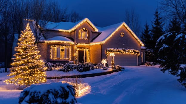House decorated for Christmas and New Year. Beautiful mansion illumination, traditional holiday season.