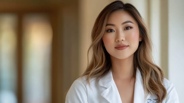 Beautiful young Asian female doctor wearing white lab coat in hospital. Medical professional nurse at work. Healthcare and medicine concept.