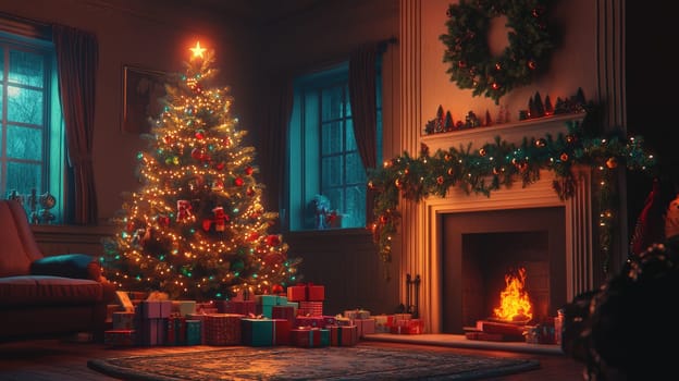 Cozy living room with a fireplace, decorated illuminated Christmas tree, garland lights and colourful gift boxes. High quality photo