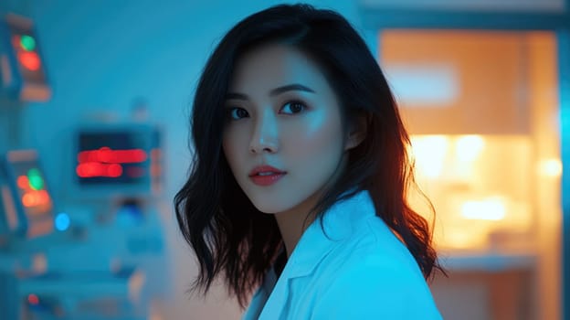 Beautiful young Asian female doctor wearing white lab coat in hospital. Medical professional nurse at work. Healthcare and medicine concept.