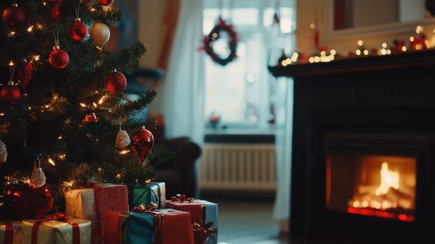Cozy living room with a fireplace, decorated illuminated Christmas tree, garland lights and colourful gift boxes. High quality photo