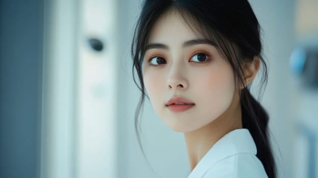 Beautiful young Asian female doctor wearing white lab coat in hospital. Medical professional nurse at work. Healthcare and medicine concept.