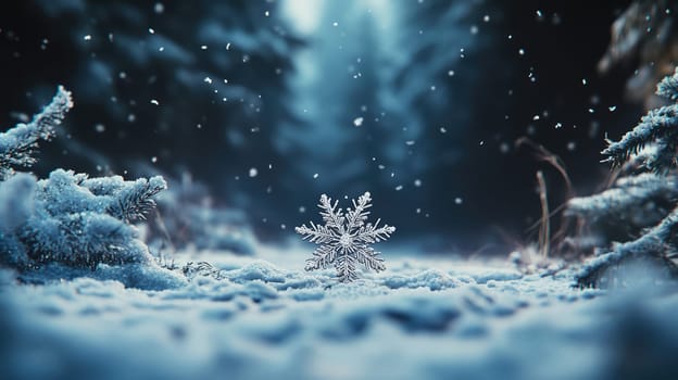 Snowflake on the snow in the woods. Seasonal winter image with copy space.