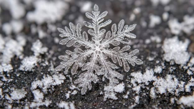 Beautiful symmetrical snowflake in the snow on the ground. Seasonal winter image with copy space.