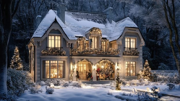 French style house decorated and illuminated for Christmas and New Year. City mansion in winter park covered with snow.