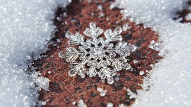 Beautiful symmetrical snowflake in the snow on the ground. Seasonal winter image with copy space.
